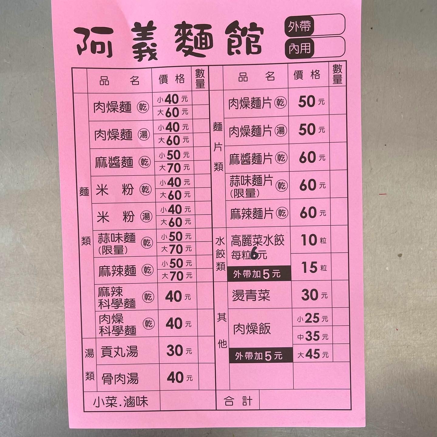 台南阿義麵館菜單MENU